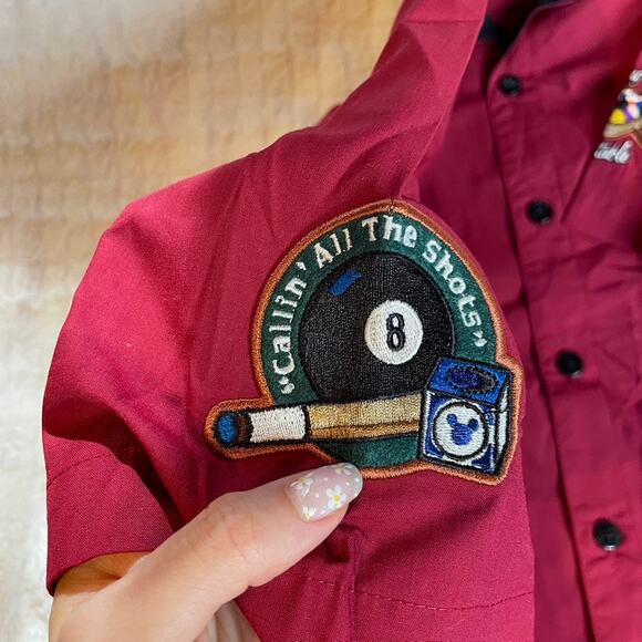 DISNEY Large Pool‎ Bowing Shirt Button Up Vintage Mickey Goofy Red Black Retro - Picture 6 of 7